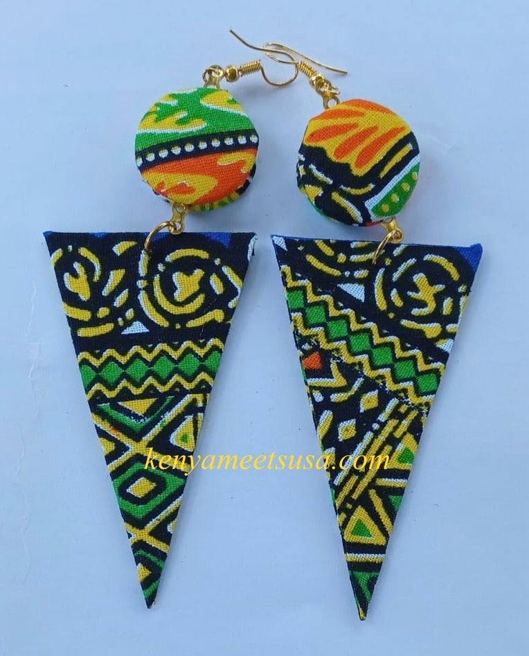 Handmade Fabric Button & Triangle Dangle Earrings
