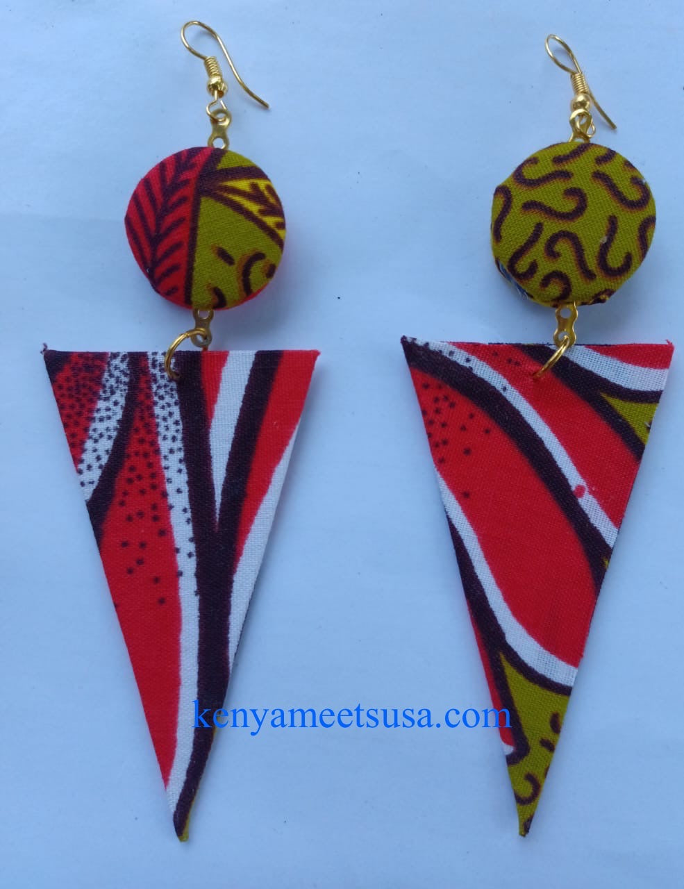 Handmade Fabric Button & Triangle Dangle Earrings