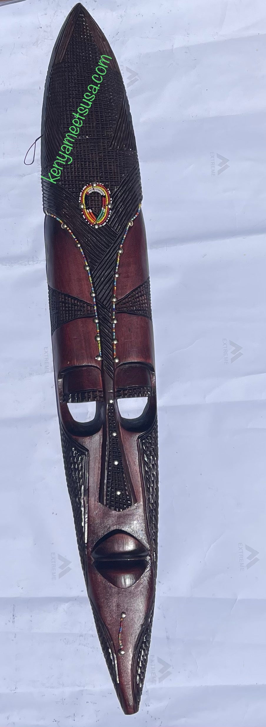 Brown Kenyan Tribal Mask with V Shaped Beadwork