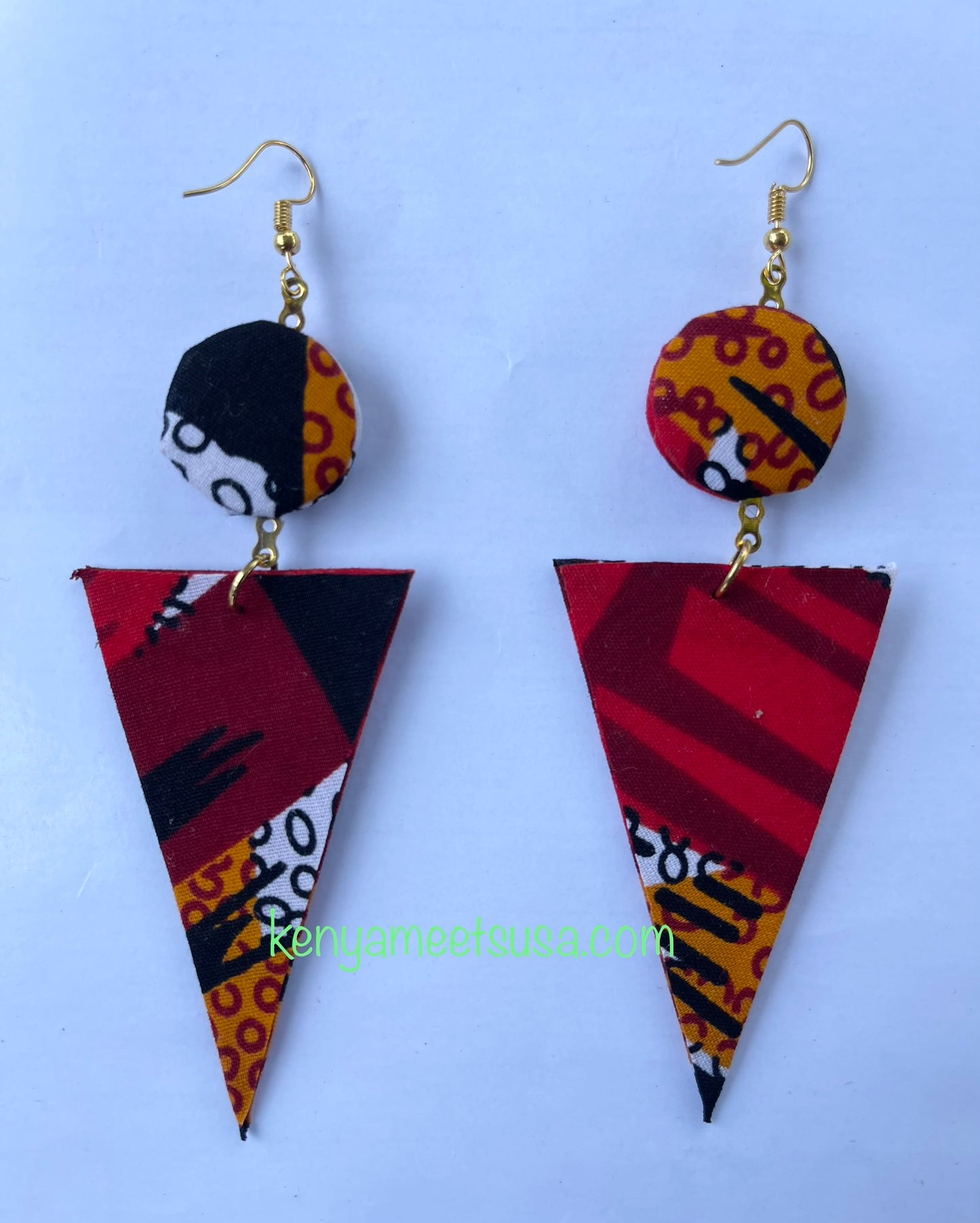 Handmade Fabric Button & Triangle Dangle Earrings