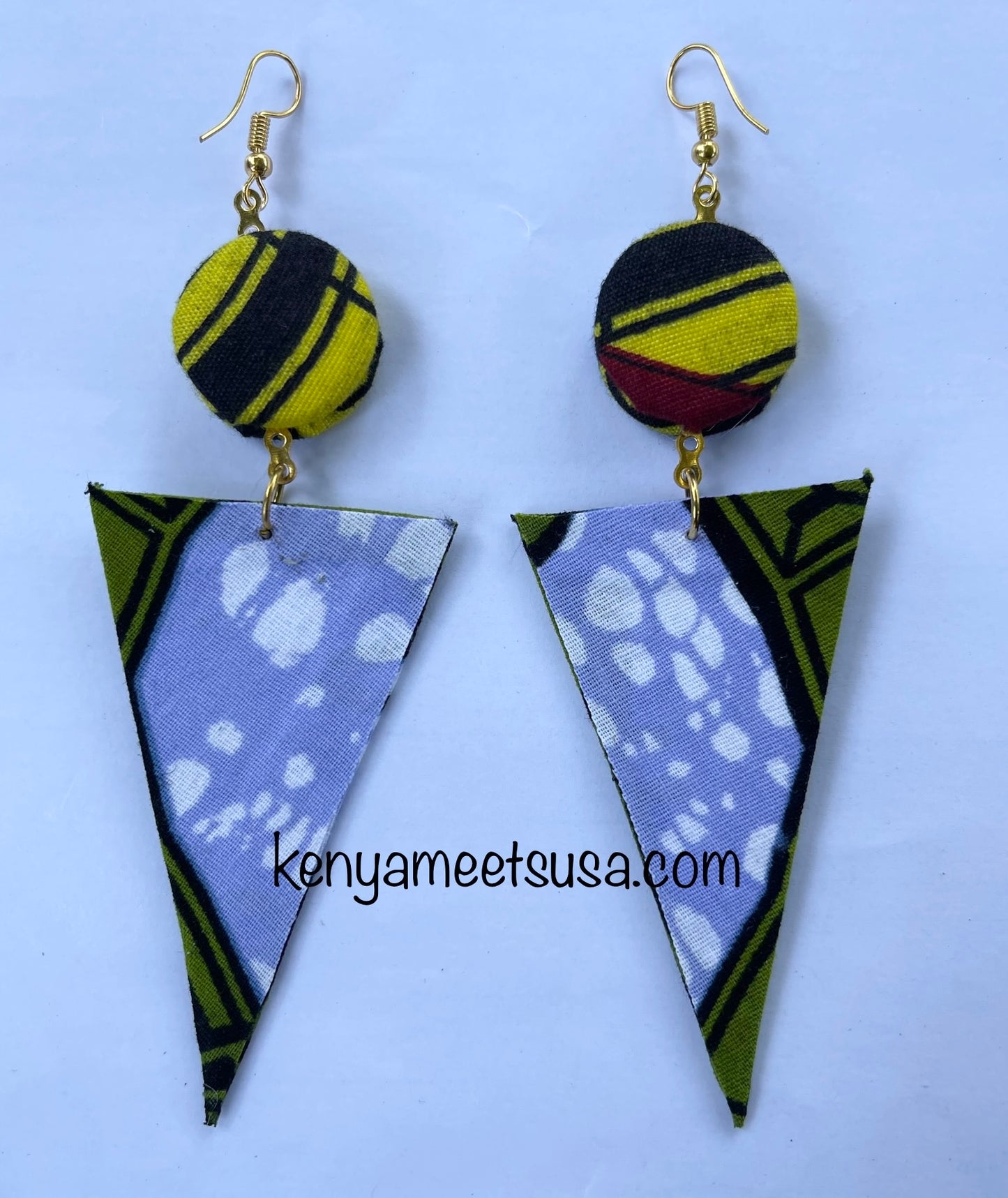 Handmade Fabric Button & Triangle Dangle Earrings