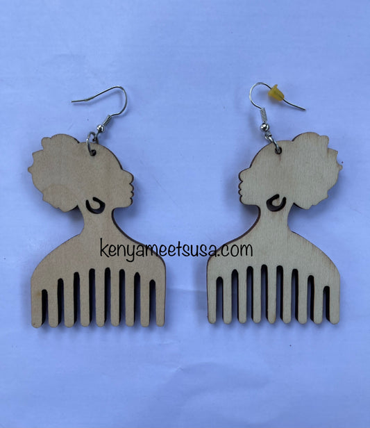 Wooden Afro Comb Drop Earrings