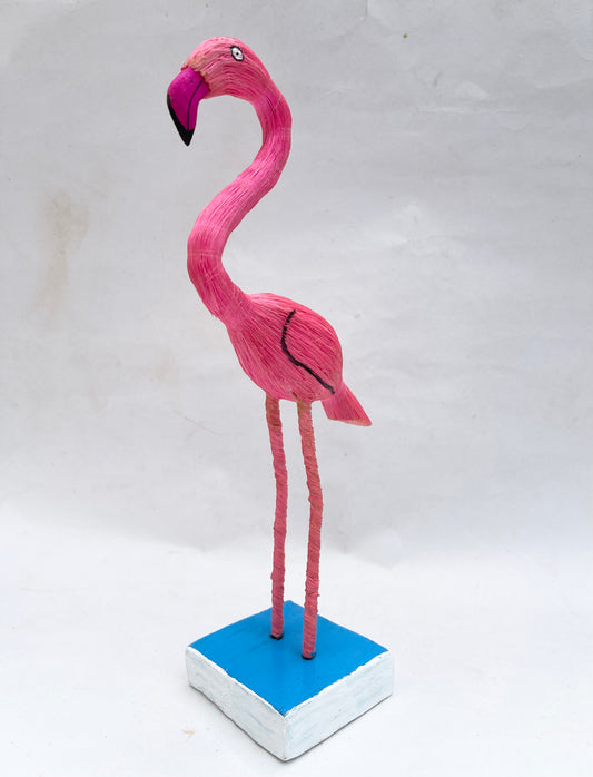 Handmade Flamingo Sculpture on a Wooden Stand
